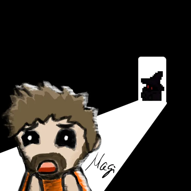A drawing by MagiWasTaken depicting his pixel avatar standing ina  door-way shining a light on a terrified bearded man resembling Twitch Streamer XilentFlex. The rest of the room is dark with only the doorway illuminating the room. Magi's pixelated form doesn't cast a shadow. The drawing is referencing some The Binding of Isaac artwork.