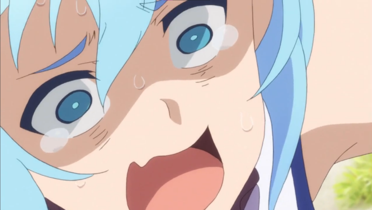 A screenshot taken from the anime show "KonoSuba" which is also known as "God's Blessing on this Wonderful World!". The screenshot depicts the Goddess and Archpriest Aqua from the show in a despairing state.